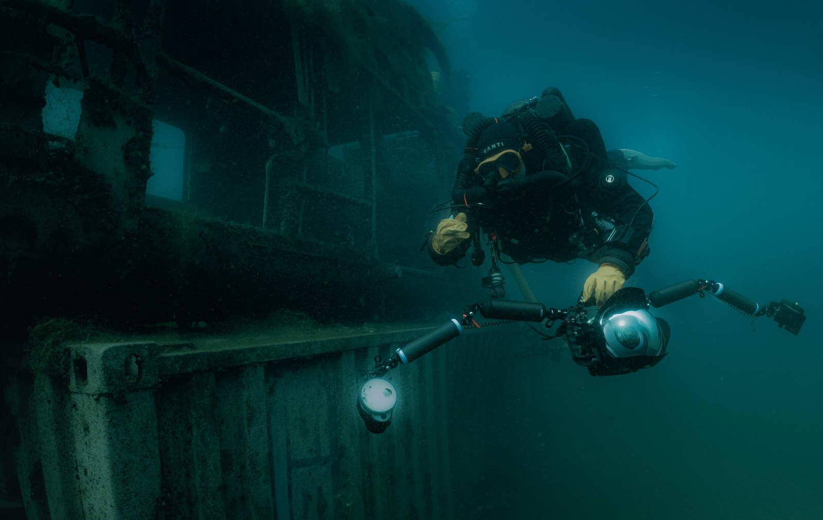 Diver with an IQsub XCCR rebreather and camera, Capenwray, UK