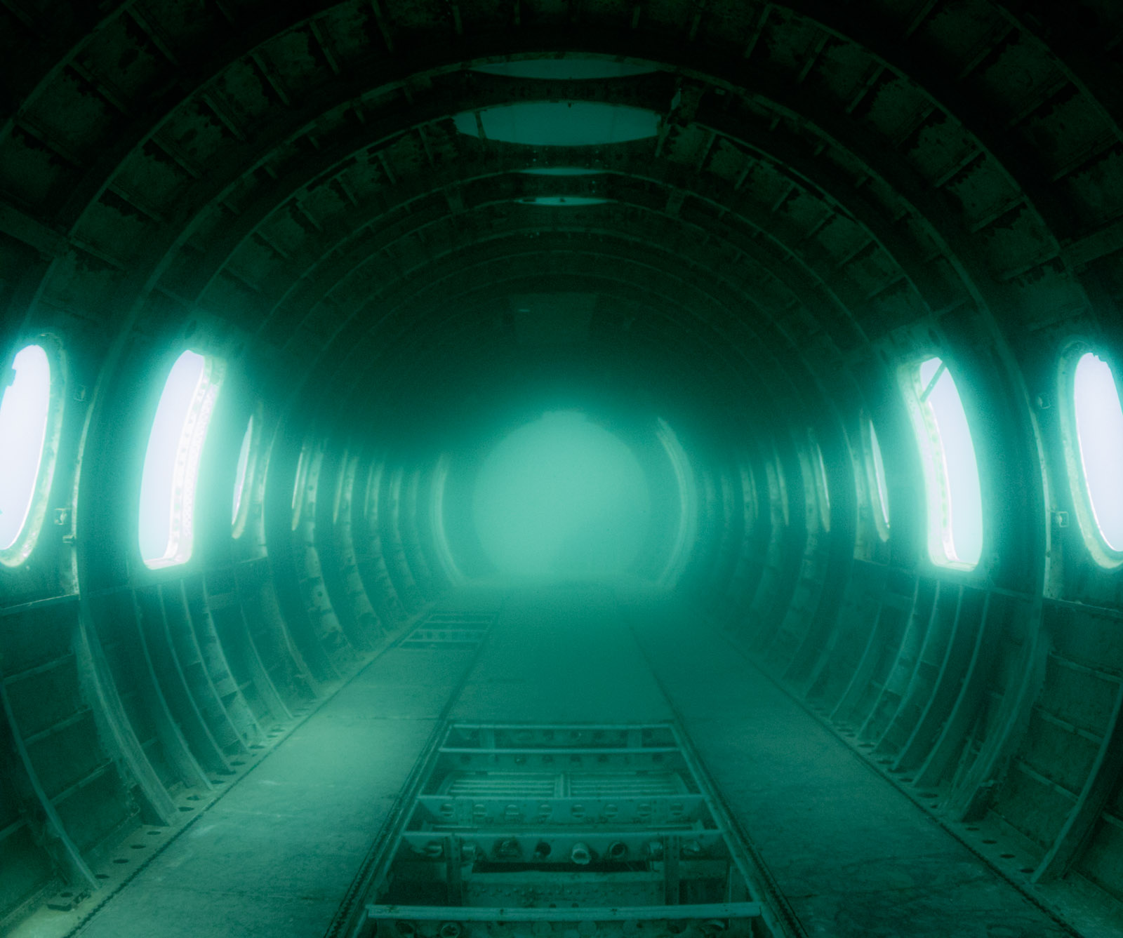 Sunken aircraft fuselage underwater, Capenwray, UK, 18 m