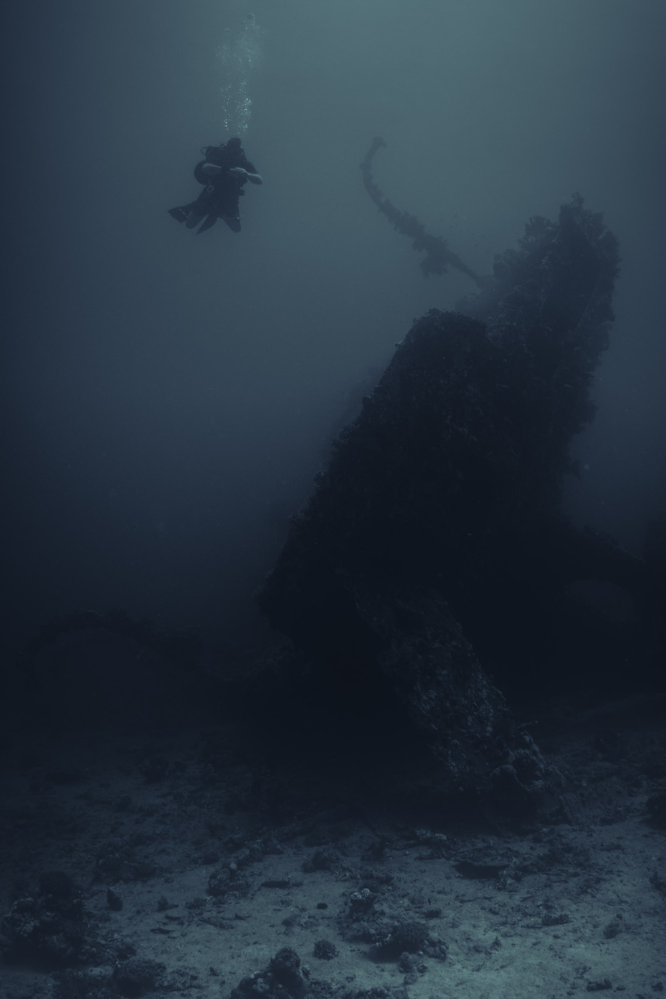 Diver on wreck, 22m, Red Sea