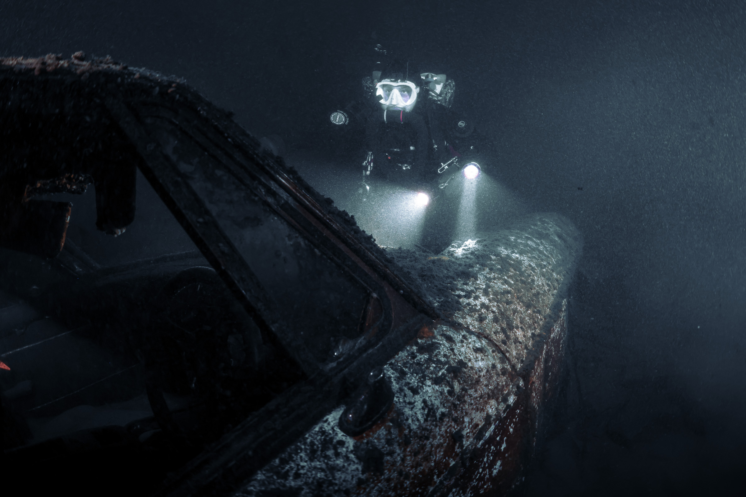 View through the windscreen of a sunken car, Stoney Cove, 20 m